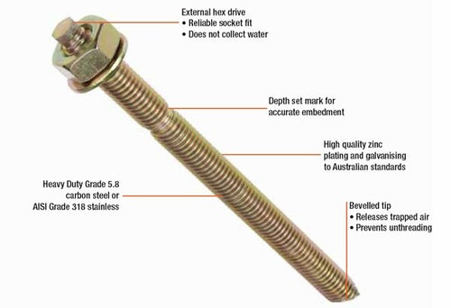 Ramset Chemset Stud M16  190mm x 18mm with nuts and washers